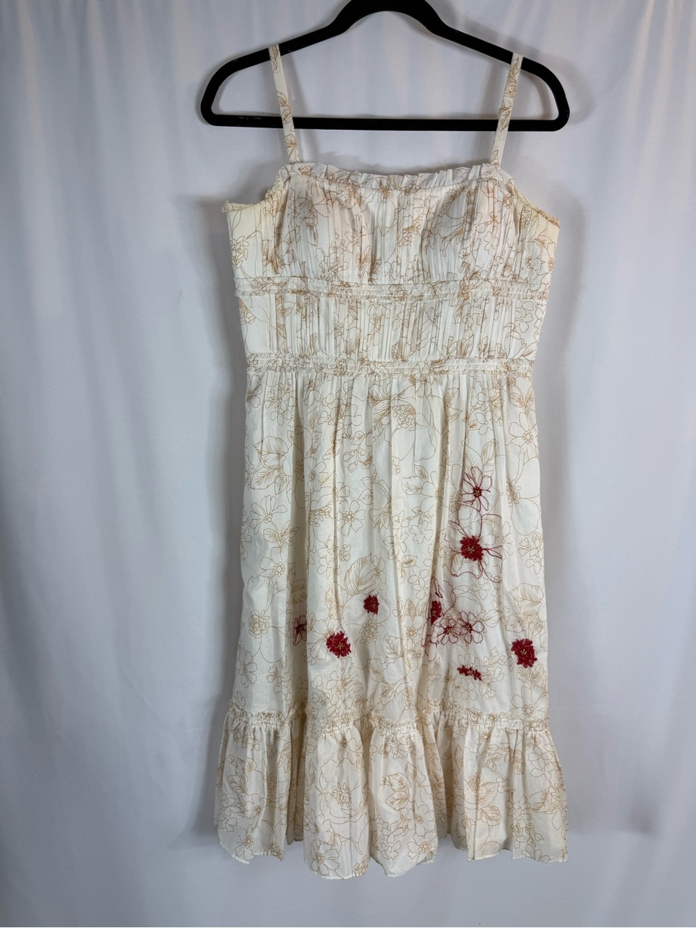 BCBG Cream Midi Dress with Red Floral Embroidery sundress size:10